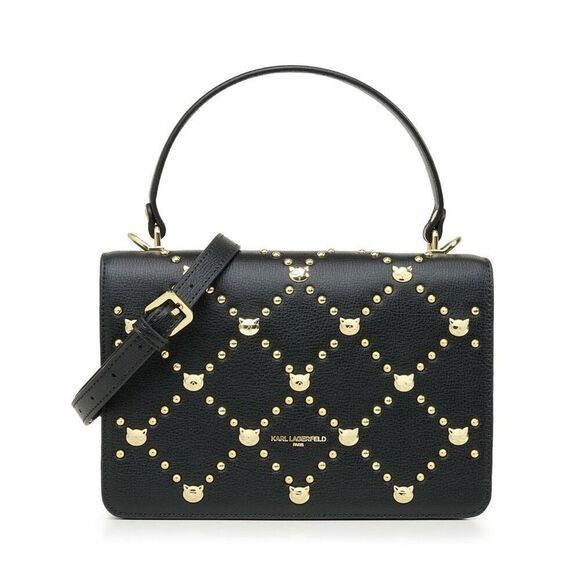 Karl Lagerfeld Paris Simone Gold Cat Studded Leather Crossbody Purse Handbag Bla - Picture 1 of 11